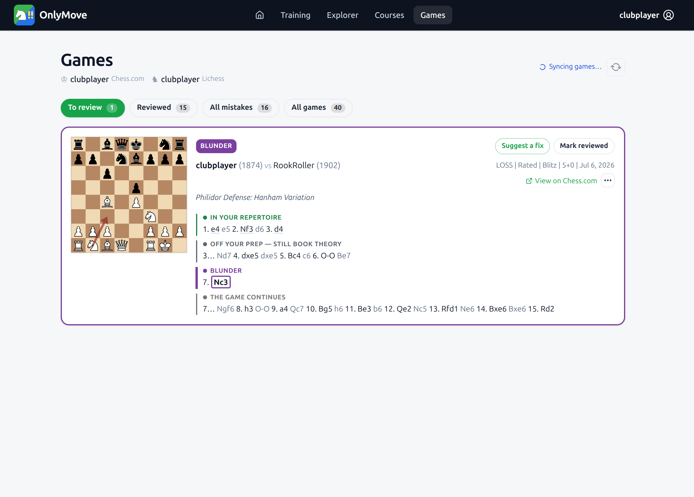 The Games review queue showing one game flagged as a blunder, with its moves split into repertoire, off-prep, blunder, and continuation sections.