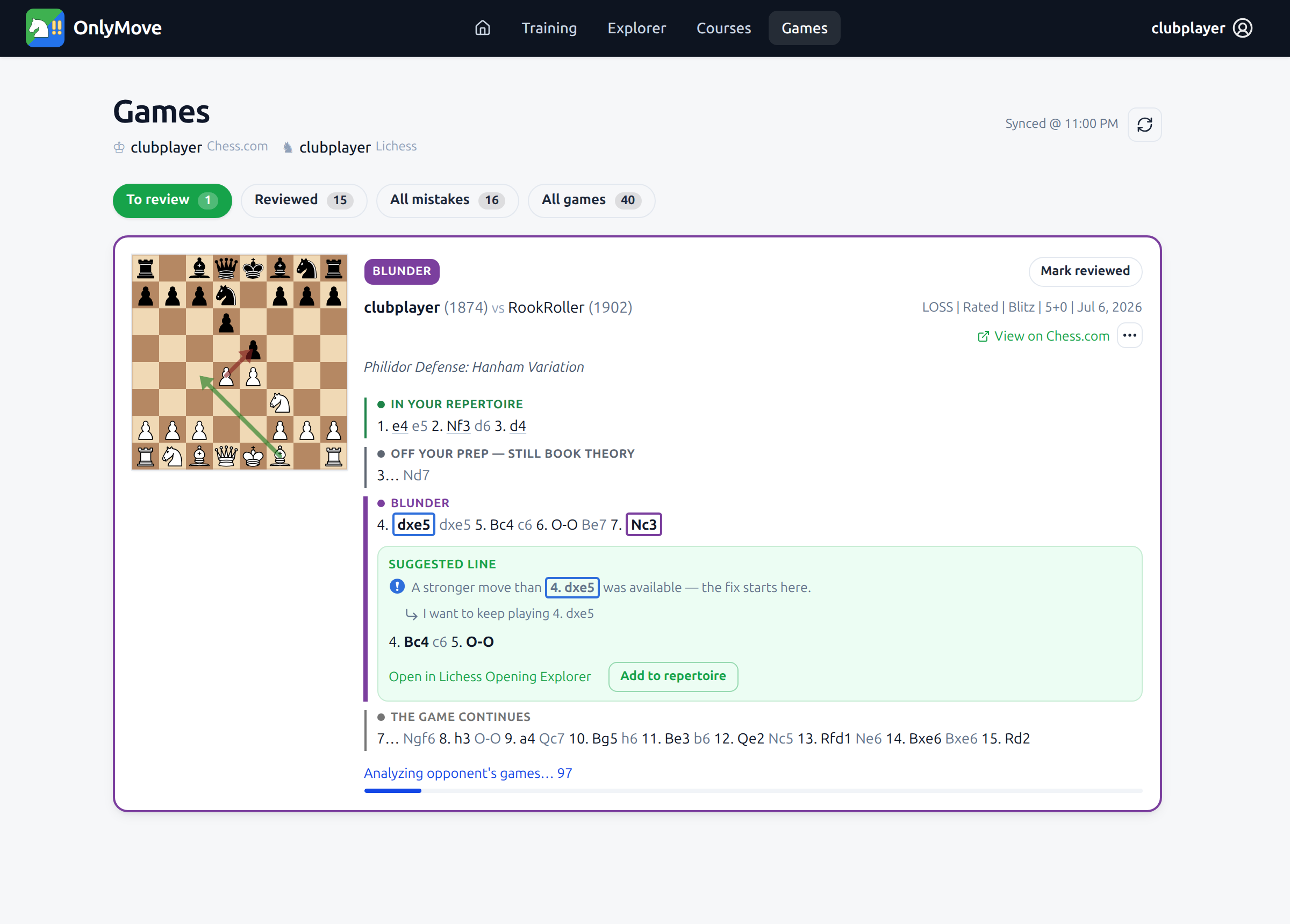 The game card with a progress bar reading "Analyzing opponent’s games" while OnlyMove downloads the opponent’s history.
