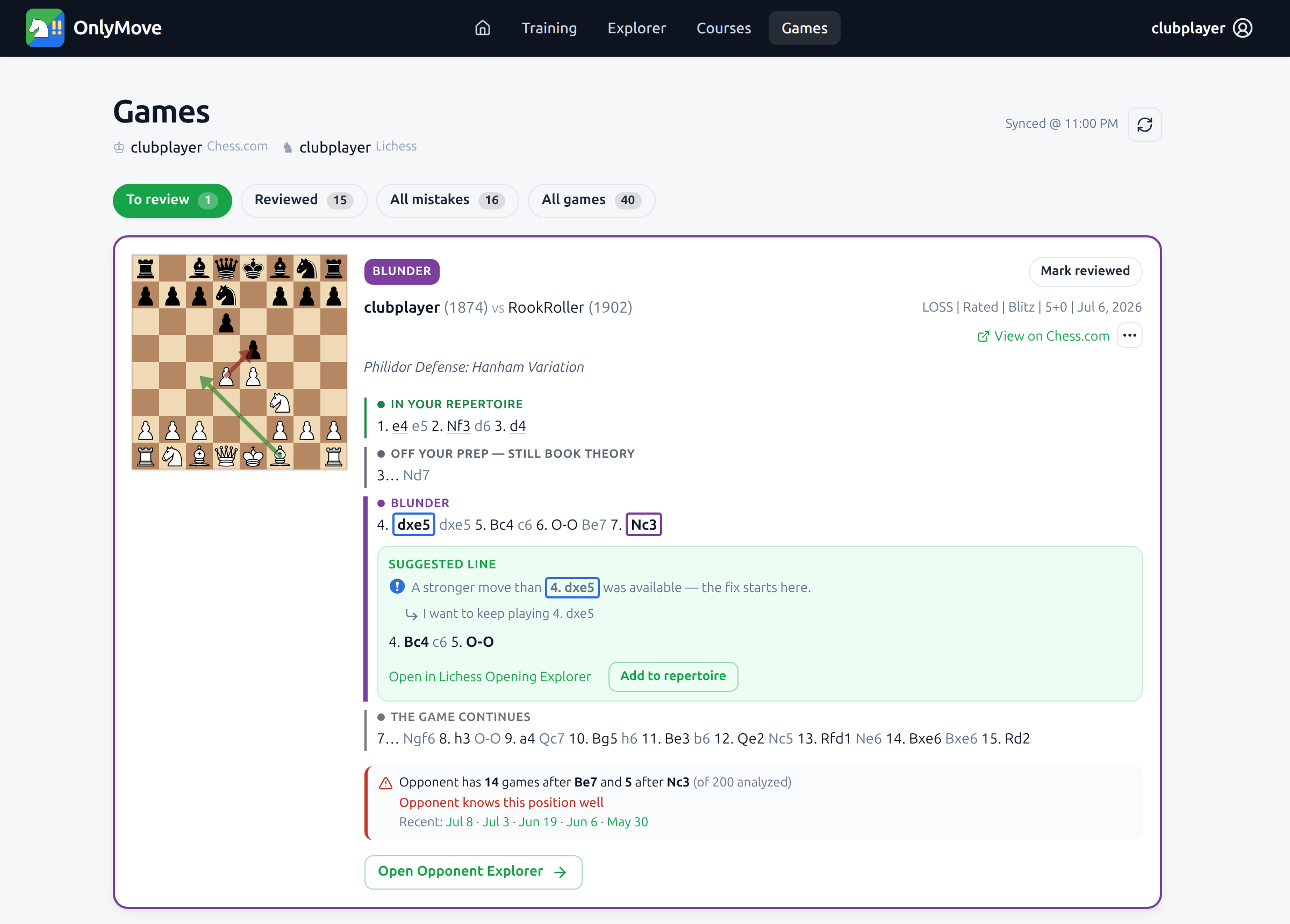 An insight panel reading "Opponent knows this position well" with counts of games reaching the position and recent dates, plus an Open Opponent Explorer button.