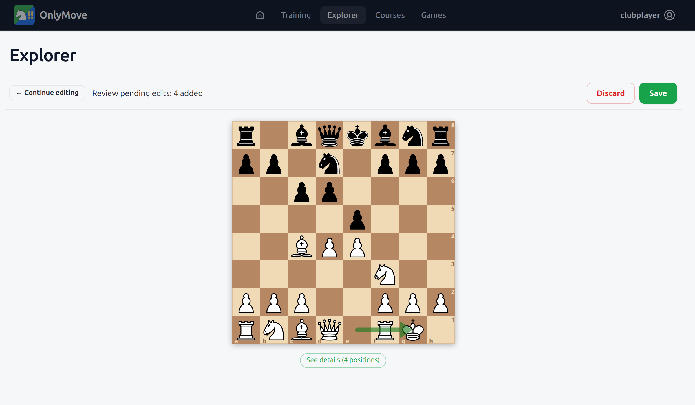 A screencast: on the Games tab, clicking Add to repertoire opens the Review & Save preview, which replays the added line from the last repertoire position; clicking Save returns to Games where the game reads Added to repertoire, and marking it reviewed clears the queue.
