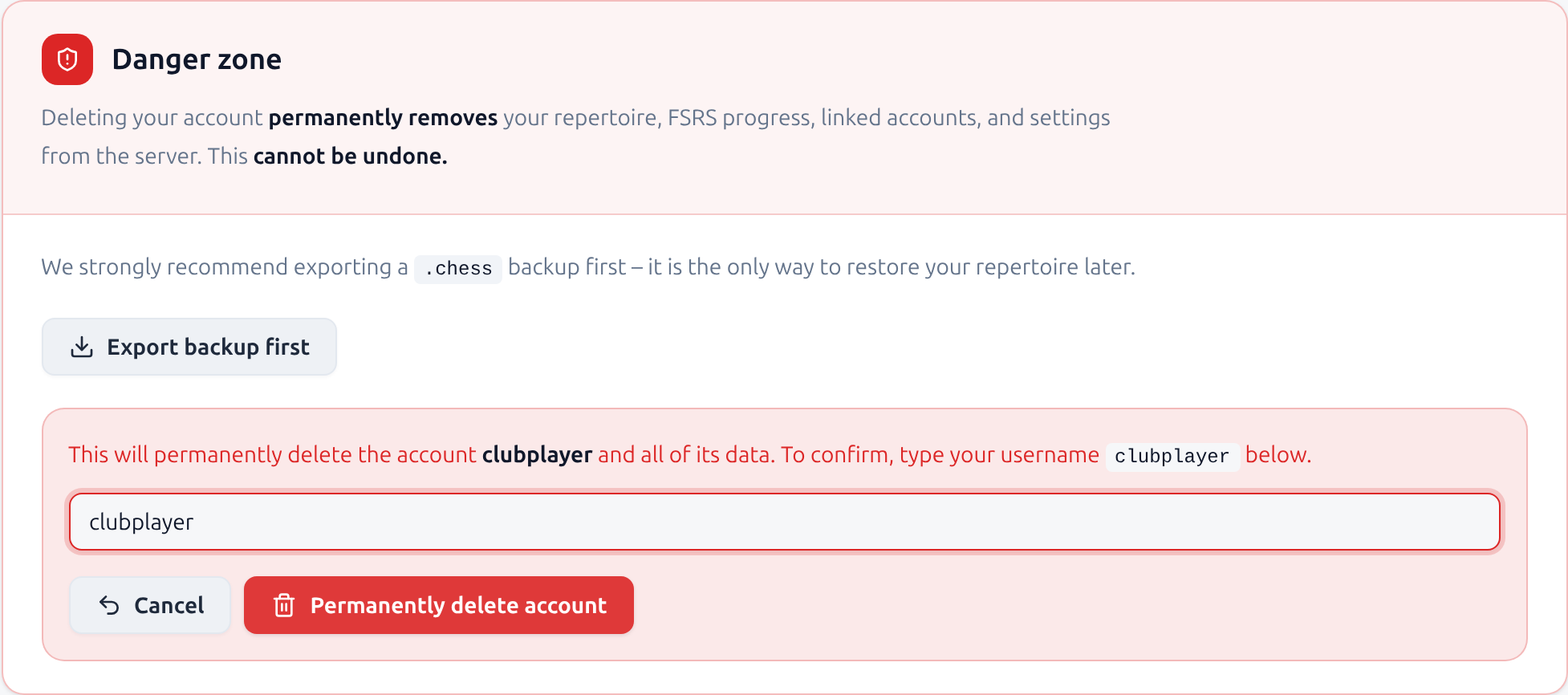 The revealed confirmation step warning that this will permanently delete the account and asking you to type your username to confirm, with Cancel and Permanently delete account buttons.