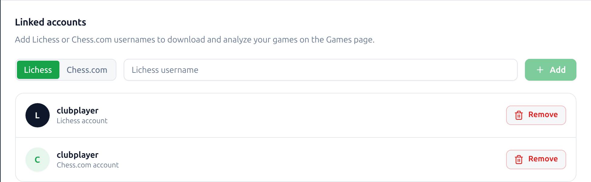 The Settings “Linked accounts” section: a Lichess / Chess.com platform toggle, a username field, an Add button, and two linked clubplayer accounts – one Lichess, one Chess.com.