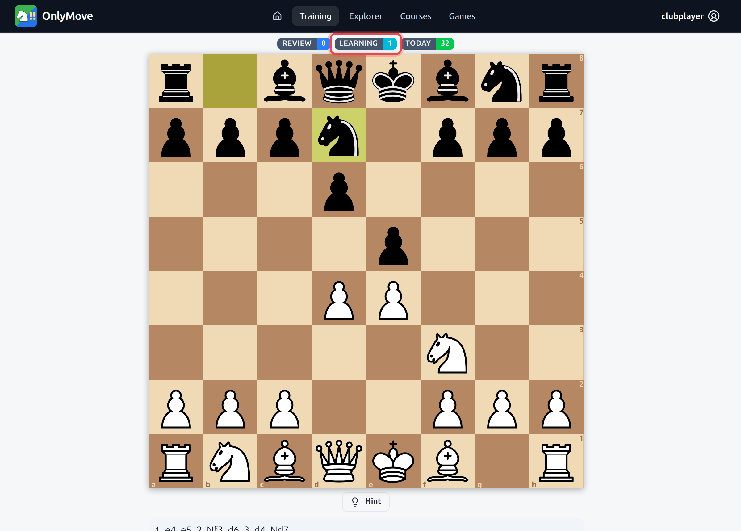 The Training page after a game mistake: the cyan LEARNING badge, outlined in red, reads 1, and the board rests on the position after 3... Nd7 – the move that dropped back into learning.