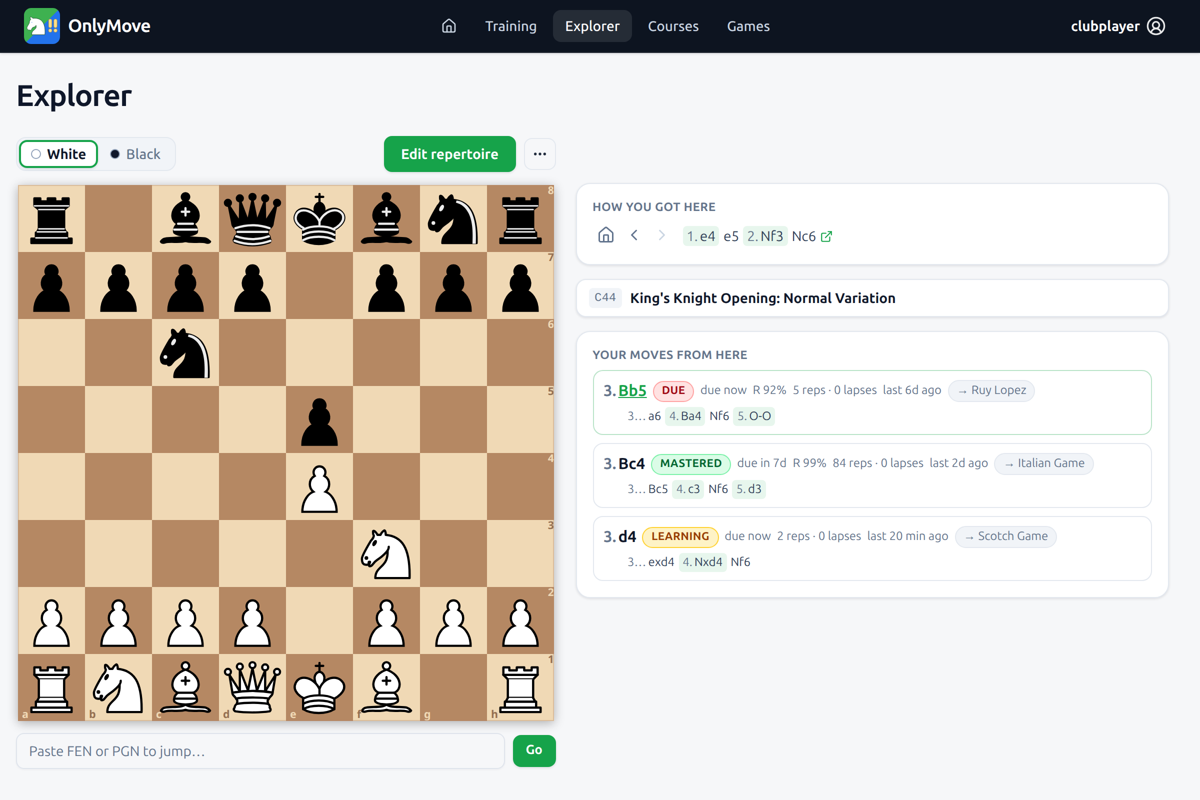 OnlyMove repertoire explorer – a chess opening tree showing the FSRS status of each move