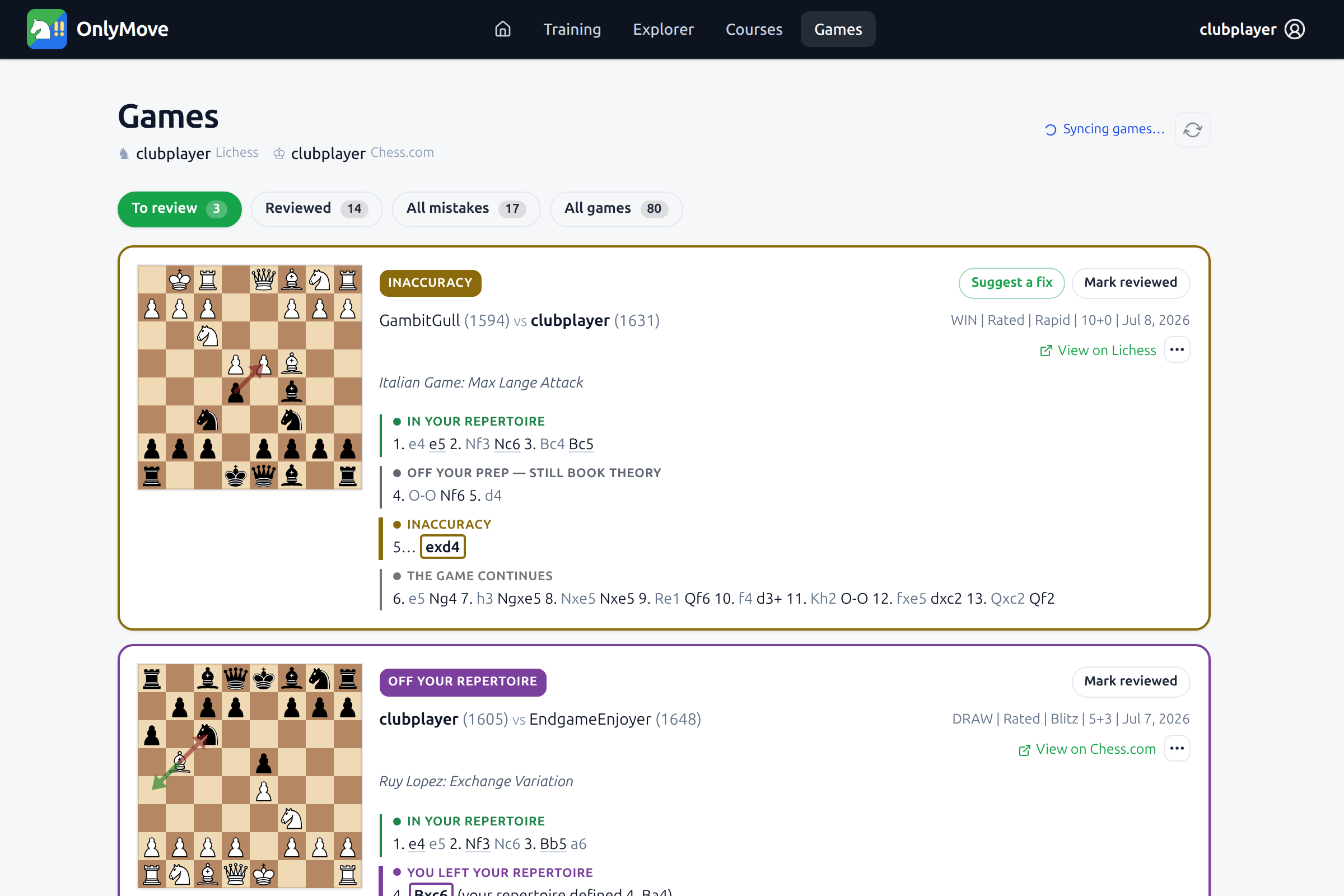 OnlyMove games page – importing Lichess and Chess.com games to find where opening preparation ended