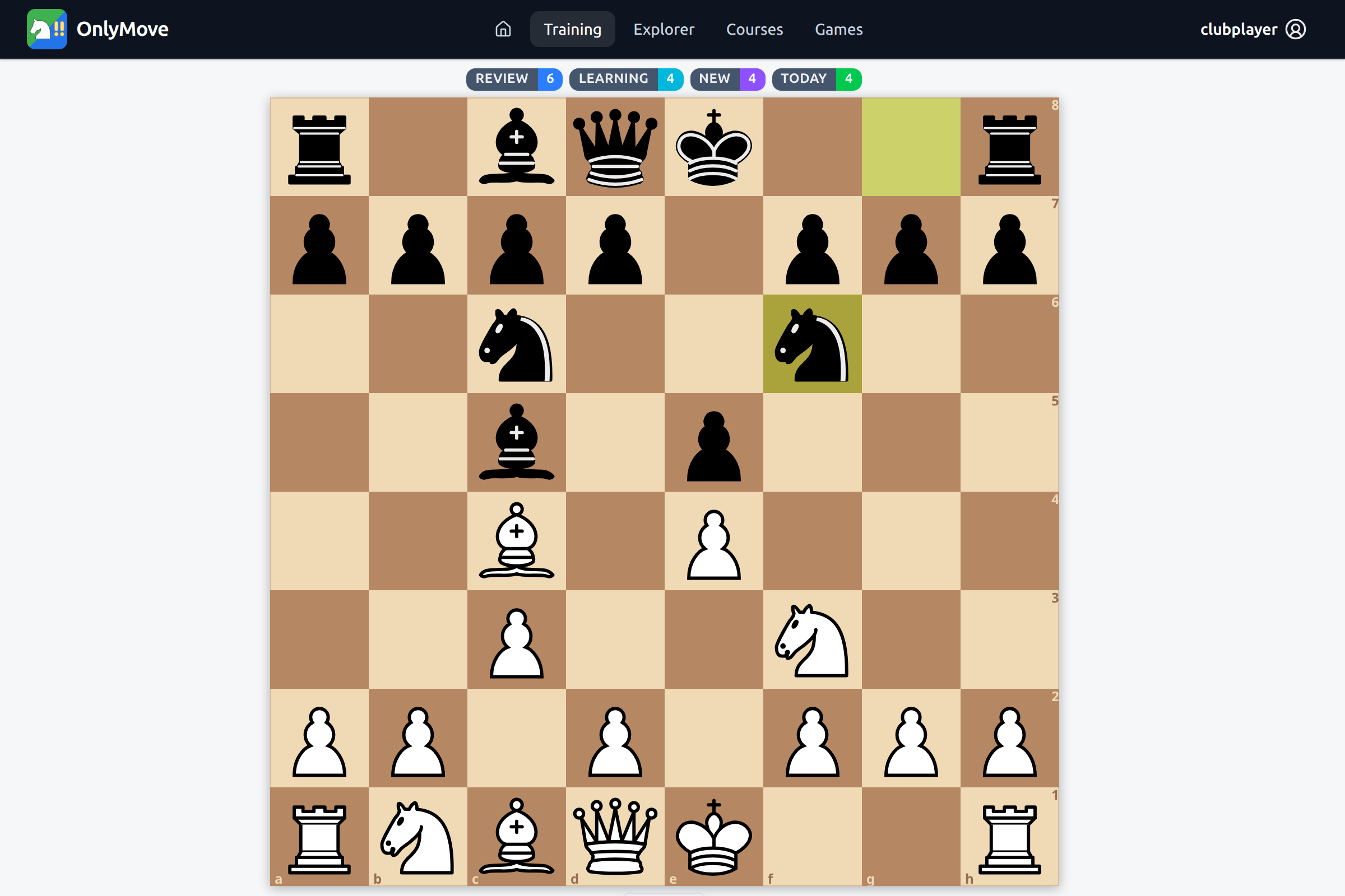 OnlyMove chess opening trainer – spaced-repetition training board with due-position badges
